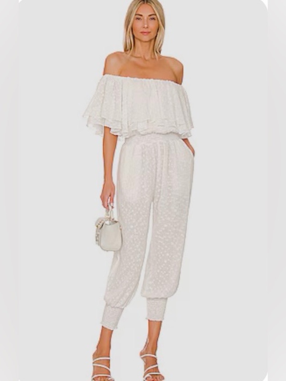 Misa Los Angeles White Off-Shoulder Ruffle Jumpsuit